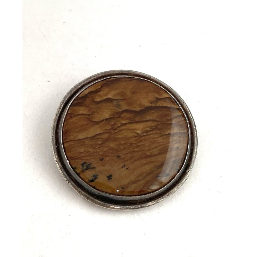 Vintage Artisan Brooch Jasper Stone Sterling Silver Frame Estate